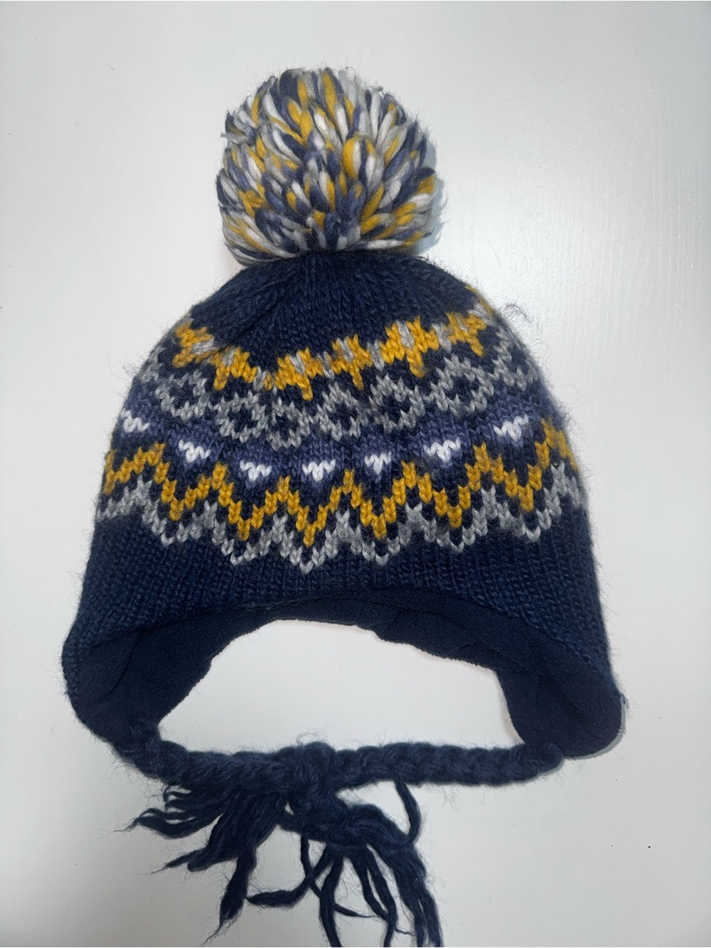 Kids Winter Knit Pom Pom Hat Ear Flaps Fleece Lined Navy Nordic 3-6 y